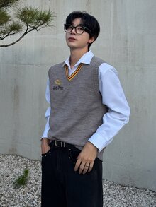 DAZY 男士字母刺繡圖案休閒日常針織背心 - 灰色 - 查看 4