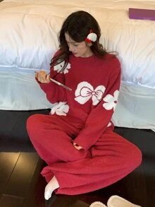 DAZY Autumn/Winter Soft & Cozy Floral Bow Half-Fleece 2 Pieces Pajama Set Loungewear For Women - Red - View 11