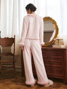 Côtesoire Women's Shiny Velvet Striped Long Sleeve Pants Pajama Set - Dusty Pink - View 2