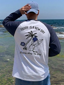 DAZY 春秋款長袖海灘衝浪圖案印花白色衣身配對比海軍藍插肩袖男士T恤 - 彩色 - 查看 4