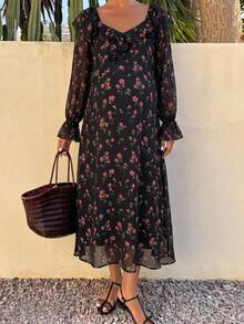 Dazy Maternity Full Ditsy Floral Ruffle Trim Long Sleeve Elegant Vacation Korean Style Spring Autumn Maternity Dress - Black - View 3