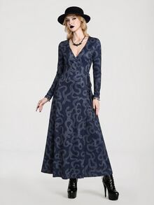 Breakform Gothic Goth Halloween Sexy Long Printed Lace-Up Long Sleeve Dress With Snake Pattern, Dark Romantic Style Night Fall - Multicolor - View 7