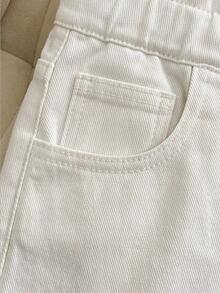 SHEIN Tween Girl) Denim Jeans, All-Season New Casual Fashion Minimalist Versatile Style, Elastic Waistband With Drawstring Design, Adjustable, Classic Versatile White Washed Soft Denim Straight Leg Pants - White - View 4