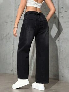SHEIN American Street Style Distressed Black Straight Leg Jeans With Adjustable Waist Buckle Design, Minimalist Slimming Casual Straight Leg Pants - Black - View 2