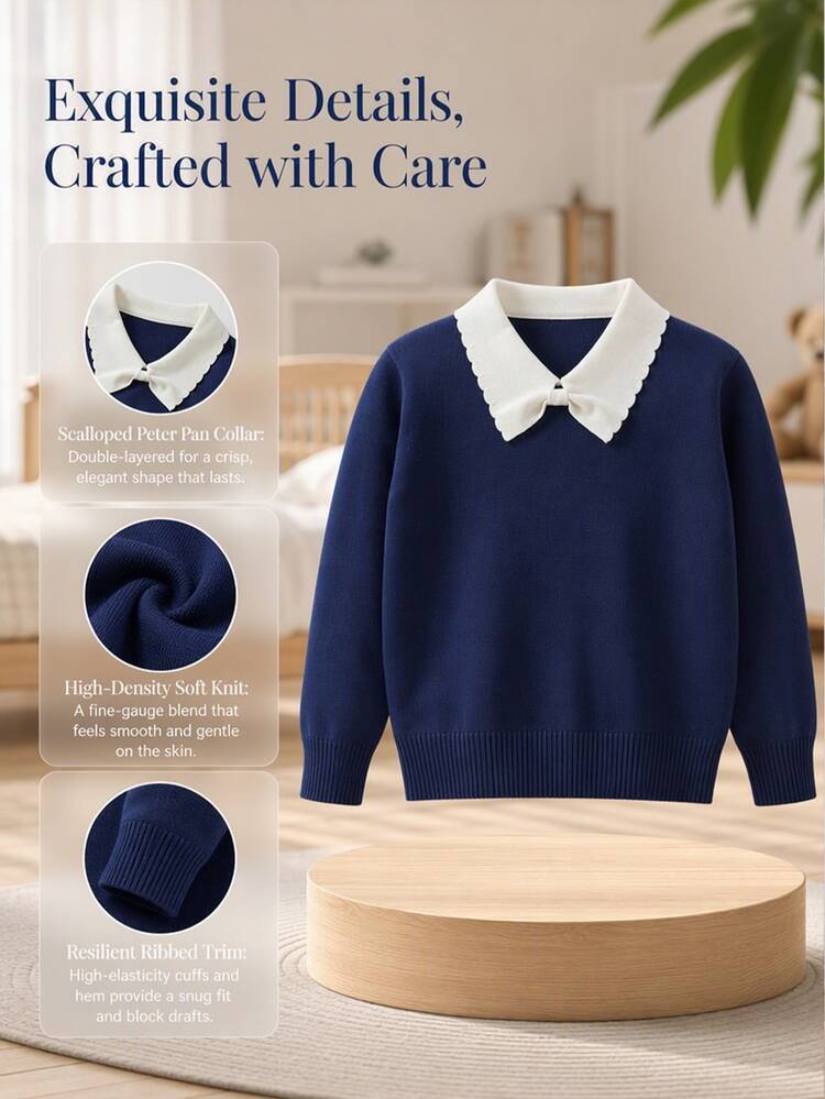 SHEIN Playful Pals Girls Cute Bow Bear Jacquard Knit Pullover Sweater, Handmade 3D Flower Decor, Warm And Comfortable For Autumn/Winter, Suitable For Daily Wear - Royal Blue - View 4