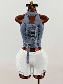 SHEIN Atasan Denim Wanita Model Halter Neck dengan Desain Gesper yang Dapat Diatur - Biru - View 1