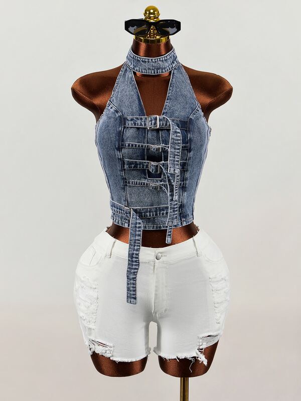 SHEIN Women's Adjustable Buckle Design Fashion Halter Neck Denim Top