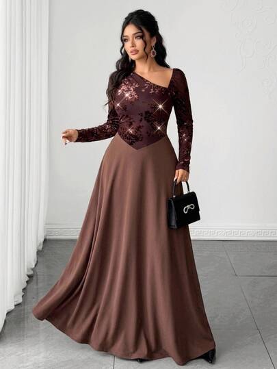 Elenzga Plus Size Velvet Mesh Patchwork Cinched Waist Design Knitted Sheer Long Sleeve Brown Coffee A-Line Elegant Commute Party Women Long Dress