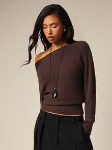 COSMINA Women's Casual Elegant Knit Cold Shoulder Sweater Brunch Dinner Dark Brown Fall - Brown - View 5