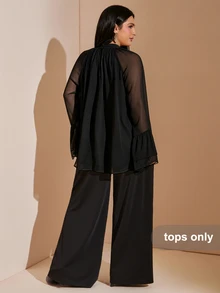SHEIN BAE CURVE 大尺碼女款棕色長袖V領蕾絲飾邊上衣，喇叭袖上衣，優雅性感，適合約會、通勤、生日派對、外出 - 黑色 - 查看 5