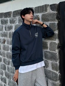 DAZY 男士字母圖案休閒日常長袖運動衫 - 藏蓝色 - 查看 3