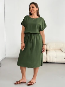Shapeblank Plus-Size Women's Summer Fashionable Casual Loose Comfortable Everyday Slimming Midi Dress - Army Green - View 4