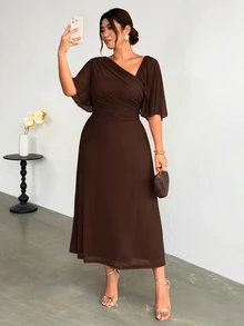 Firerie Plus Size Asymmetrical Neckline Pleated Dress - Brown - View 1