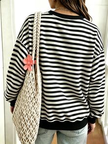EMERY ROSE Plus Size Women's Black And White Striped Sweatshirt,Casual Crew Neck Autumn Winter Top - Multicolor - View 2