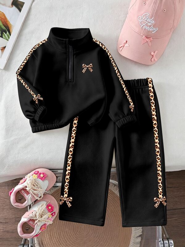 Girls' Black Fleece-Lined 2 Pieces Set, Half-Zip Stand Collar Top With Wide-Leg Long Pants, Leopard Print Ribbon Bow Decor, Thickened, Autumn/Winter Casual Outdoor Children's Clothing