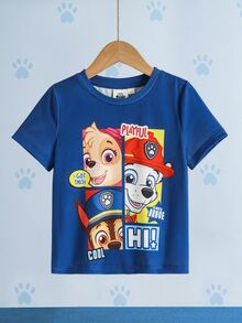 SHEIN | PAW Patrol 小男孩字母卡通印花休閒日常短袖T恤 - 藍色 - 查看 3