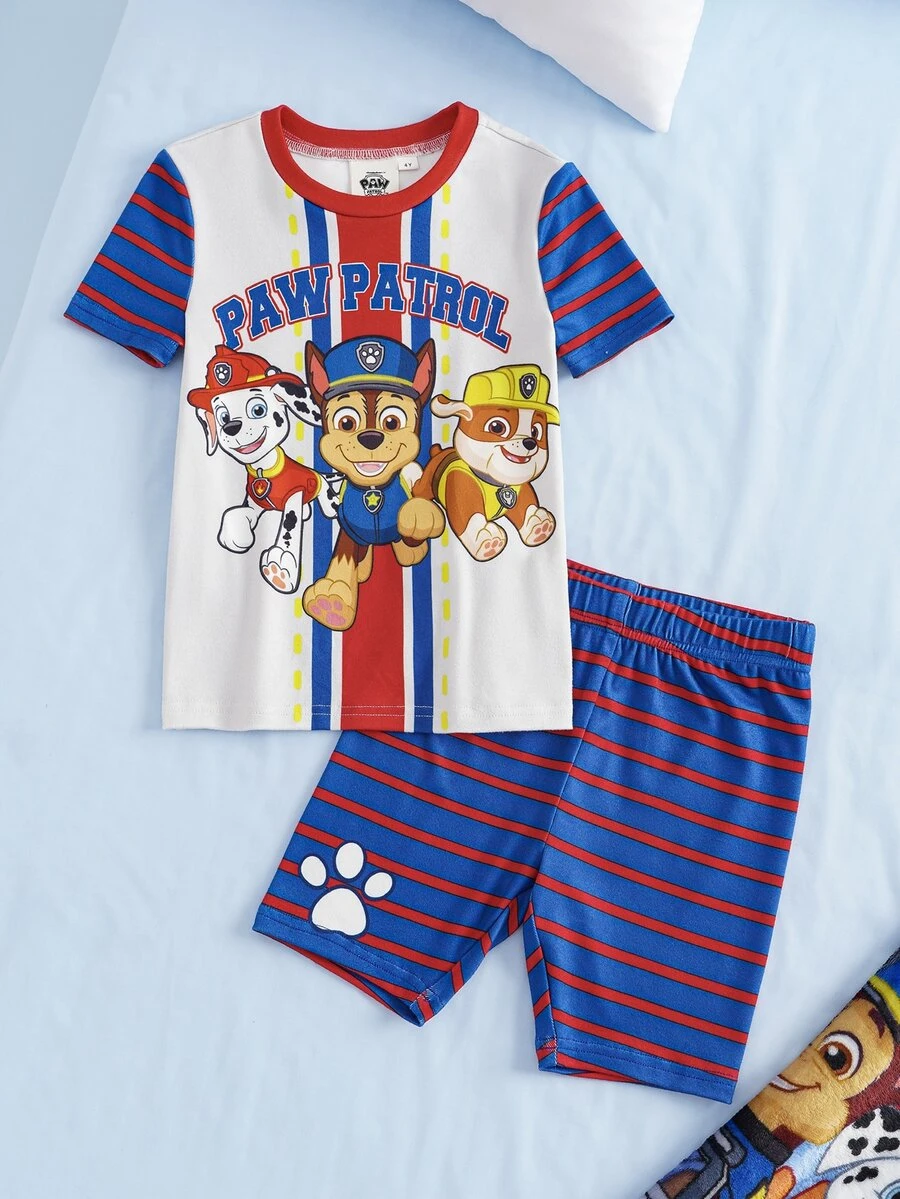 SHEIN | PAW Patrol 小男孩卡通印花上衣與條紋短褲貼身居家服 - 藏蓝色 - 查看 1