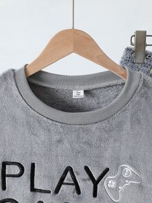 Teen Boys Pajamas Autumn/Winter Flannel Sleepwear Set, Grey Top With Game Controller Embroidery And All-Over Print Game Console Elastic Waist Long Pants, Warm And Comfortable 2 Pieces Set Loungewear, 1 Set - Grey - View 3