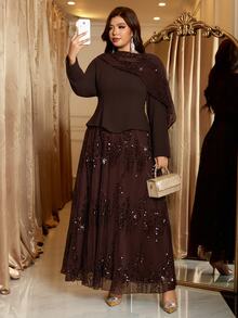 Reflora Plus Size Elegant Party Sequin Patchwork Dress - Brown - View 2