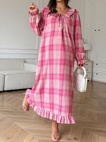 DAZY Plaid Loose Long Dress With Ruffle Hem, Casual Everyday Korean Style For Young Women, Spring/Autumn Maternity Dress - Pink - View 5