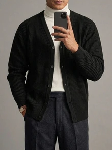 DAZY Autumn/Winter V-Neck Cardigan With Cuffed Sleeves And Hem, Solid Black Commuter Style Men's Cardigan - Black - View 3