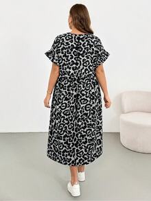 SHEIN Essnce Plus Size Women's Spring Summer Fashion Casual Loose Cool Comfortable Daily All-Match Versatile Slimming Brown Leopard Print Ruffle Short Sleeve Midi Dress With Pockets, Outing Outfit, Vacation Dress - Grey - View 2
