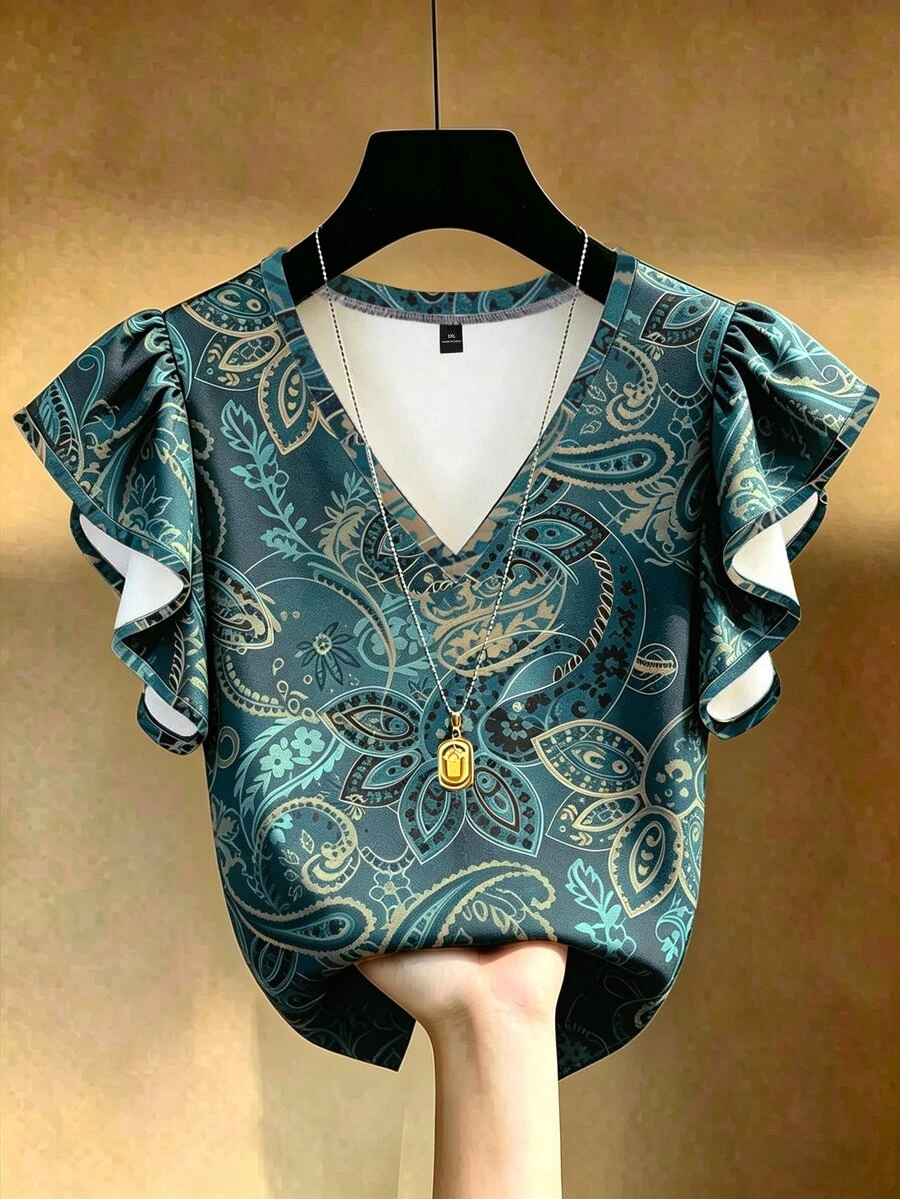 EMERY ROSE 大尺碼女款綠色復古印花休閒簡約法式優雅V領拼接荷葉邊短袖上衣 - 彩色 - 查看 1
