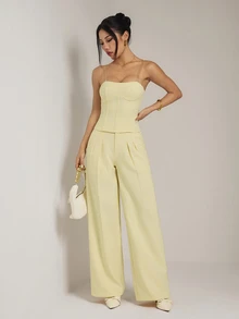 SHEIN PETITE Setelan Rompi dan Celana Panjang Kuning yang Stylish untuk Wanita Bertubuh Mungil - Ideal untuk Bisnis dan Perjalanan Sehari-hari. - Kuning - View 4