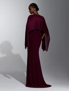 Elitara Elegante Vestido de Fiesta Romántico y Sexy de Malla Elástica Color Burdeos con Fruncido y Bajo de Sirena, Vestido para Invitada de Boda, Vestido para Despedida de Soltera, Vestido de Noche Formal (Chal Gratis) - Burdeos - Ver 3