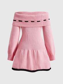 Sweetness Sweet Girl Pink Off-Shoulder Tie Bow Women's Sweater Dress - Pink - View 2