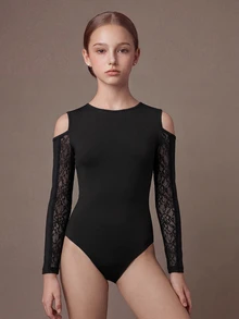 SHEIN Tween Girls Clothes Classic Black Ballet Leotard, Exquisite Lace, Cute Athletic, School Dance, Back To School Fall - Black - View 5