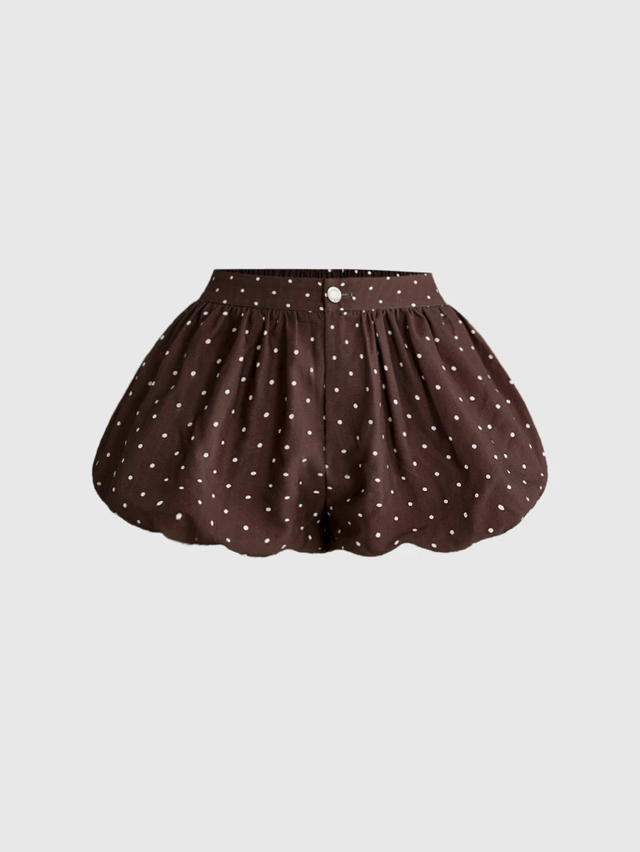 ROMWE Vintage Y2K Retro Polka Dot Sweet Versatile Low Waist Women's Shorts - Brown - View 1