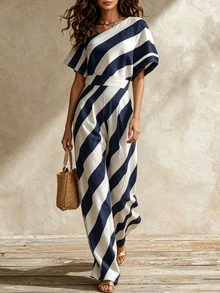 Glimmora Women's Striped Asymmetrical Shoulder Batwing Sleeve Top And Wide Leg Pants Casual 2 Pieces Set - Multicolor - View 5