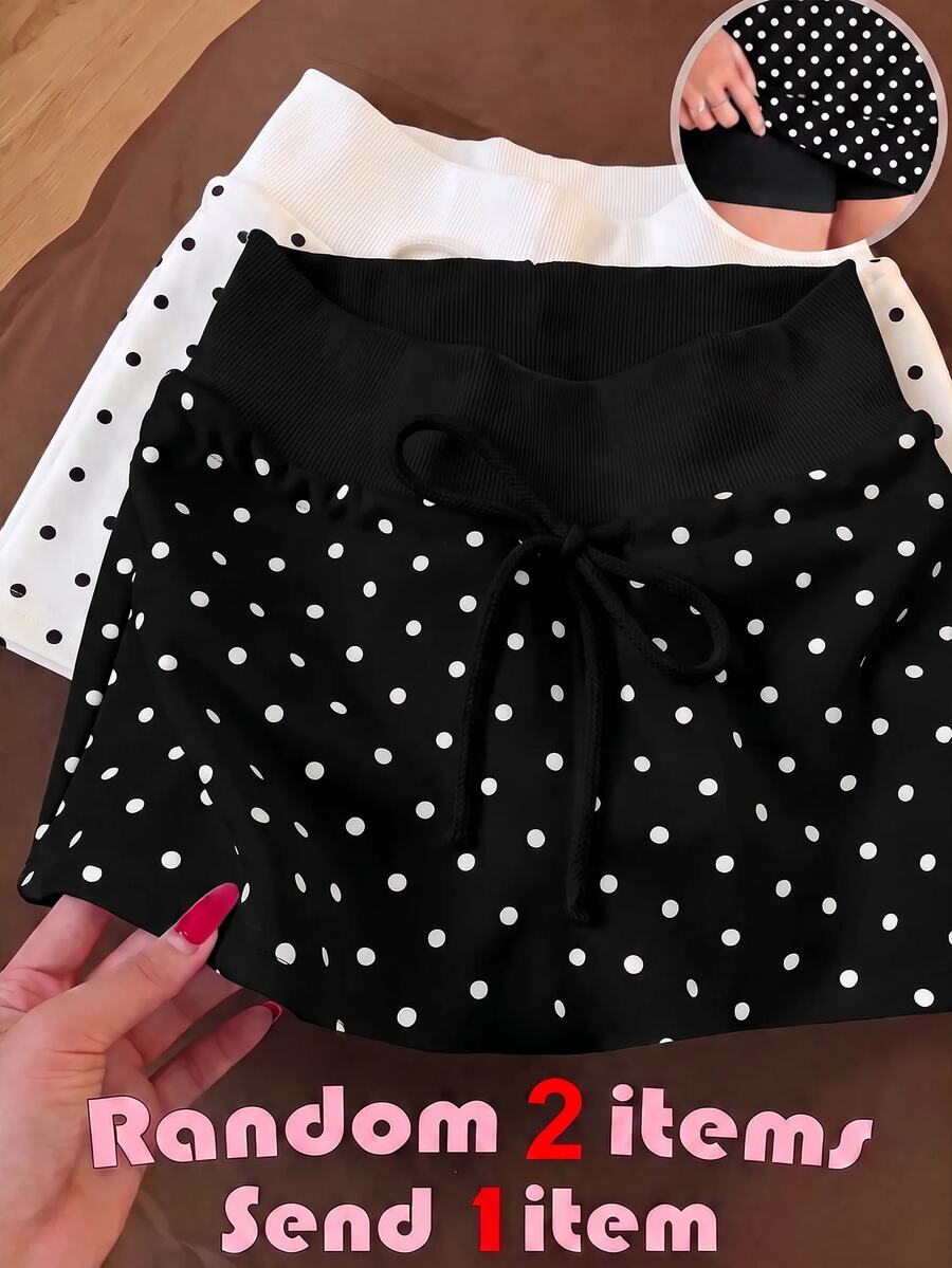 SHEIN Tween Girl Tween Girl Tween Girls Skirts Knitted Small Polka Dot With Built-In Leggings Casual Drawstring Skirt - Black - View 1