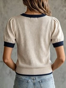 SHEIN Casual Loose V-Neck Short Sleeve Knit Top With Contrast Trim Design, Khaki Color, Women's Spring/Summer - Navy Blue - View 3