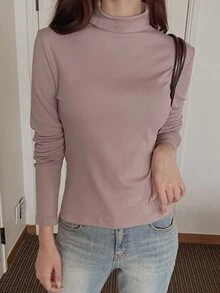 DAZY 女款修身保暖內裡高領套頭T恤 - 卡其色 - 查看 4