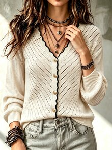 Balvessa Women's Colorblock V-Neck Casual Versatile Daily Outing Cardigan - Apricot - View 4