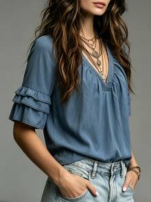 Glimmora Double Layer Ruffle Mid-Sleeve Pleated Loose Vintage Casual Shirt - Royal Blue - View 4
