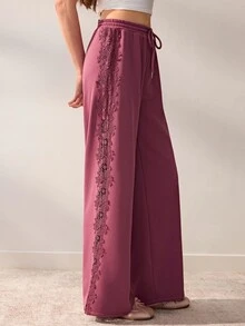 Willow Rêve Women's Purple Loose Straight Leg Patchwork Wide Leg Pants, Side Lace Trim With Drawstring Elastic Waist, Solid Color Casual Romantic Bohemian Style, Suitable For Autumn Vacation And Travel Outfits - Rose Red - View 7