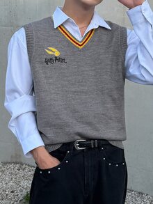 DAZY 男士字母刺繡圖案休閒日常針織背心 - 灰色 - 查看 1