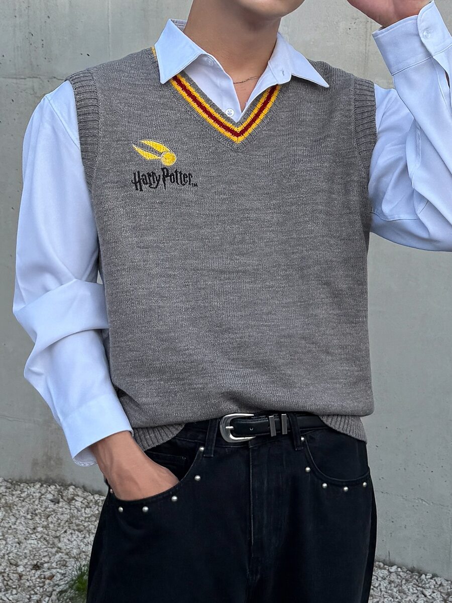 DAZY 男士字母刺繡圖案休閒日常針織背心 - 灰色 - 查看 1