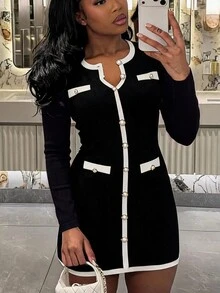 SHEIN SXY فستان نسائي محبوك كاجوال يومي بتصميم ألوان متباينة - أبيض وأسود - مشاهدة 1