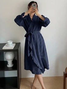 DAZY Romantic Ruffle Trim Long Lapel Robe Women's Loungewear - Navy Blue - View 7