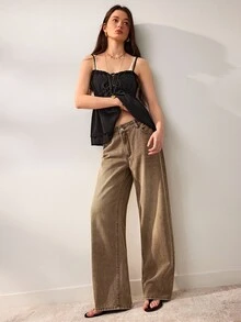 Willow Rêve Women's Brown Mid-Waist Straight Wide Leg Pants, Vintage Streetwear Washed Fluid Silhouette, Solid Color Western Casual Bohemian Style, Going Out Fall - Khaki - View 6