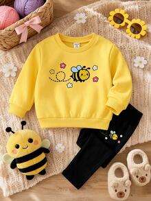 SHEIN Baby Girl Knit Solid Color Cartoon Bee Pattern Sweatshirt & Long Pants 2 Pieces Set - Multicolor - View 1
