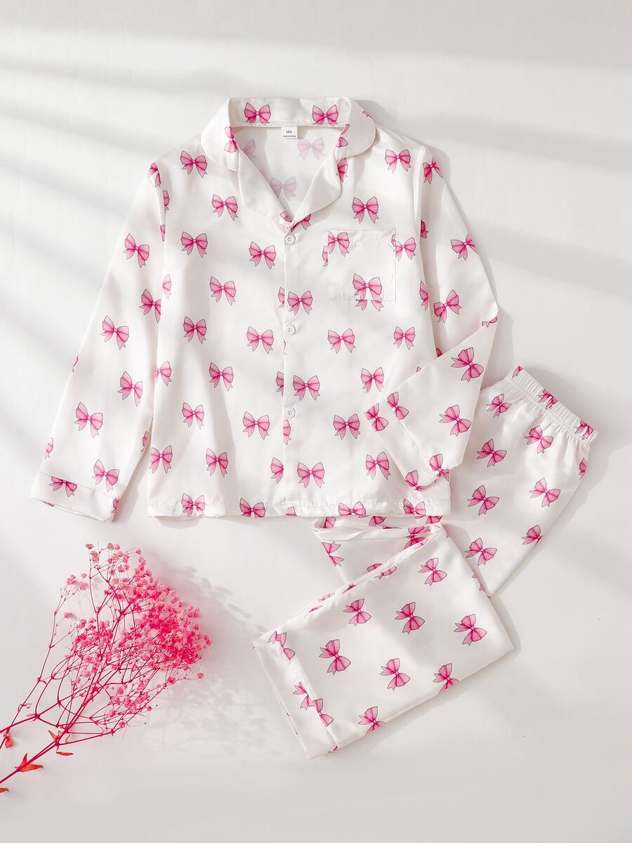 Tween Girls Pink Bow Print Lapel Open Front Long Sleeve Pants Set Flame Retardant Loungewear - White - View 1