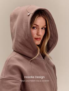 GLOWMODE Everyday Fleece Chilly Days Relaxed Hoodie Jacket With Ribbed Cuffs & Hem Waist-Length Daily Casual Fall Winter Wear - Mocha Brown - View 3