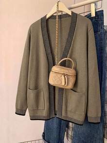 SHEIN LUNE Plus Size Fashion Minimalist Striped Colorblock Pocket Knit Cardigan - Khaki - View 14