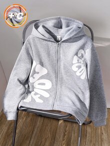 SHEIN 青少年男孩休閒舒適拼接連帽衛衣，字母圖案，適合秋冬、戶外玩耍、學校、街頭穿搭、派對與居家休閒 - 灰色 - 查看 4