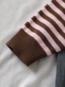 SHEIN Tween女孩 2025秋冬新款毛衣，粉色條紋針織套頭衫，圓領長袖設計，柔軟寬鬆百搭優雅風格，可愛溫柔時尚毛衣上衣，易於搭配牛仔褲/裙子，適合日常穿著、外出與戶外旅行 - 粉色 - 查看 4